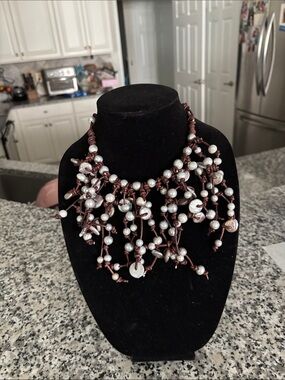 Handcrafted Brown Cord and Pearl Bead Statement Necklace